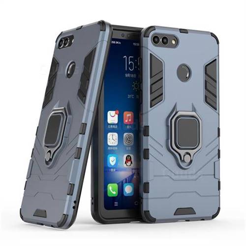 Black Panther Armor Metal Ring Grip Shockproof Dual Layer Rugged Hard Cover for Huawei Y9 (2018) - Blue