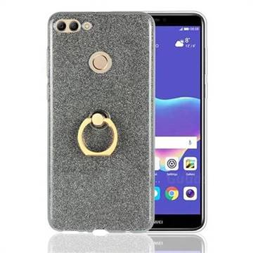 Luxury Soft TPU Glitter Back Ring Cover with 360 Rotate Finger Holder Buckle for Huawei Y9 (2018) - Black