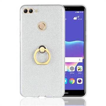 Luxury Soft TPU Glitter Back Ring Cover with 360 Rotate Finger Holder Buckle for Huawei Y9 (2018) - White