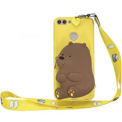 Yellow Bear Neck Lanyard Zipper Wallet Silicone Case for Huawei Y9 (2018)