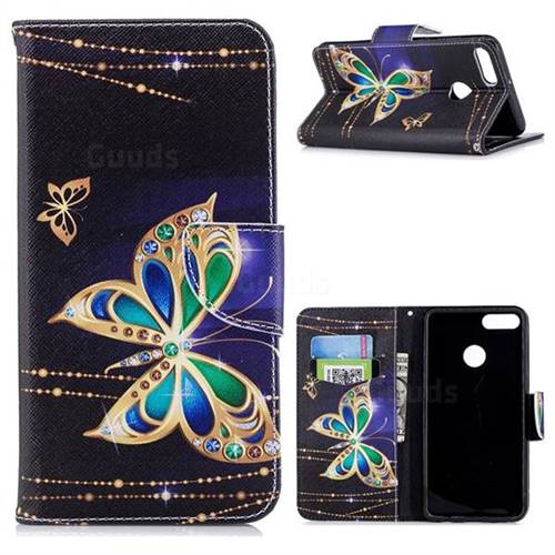 Golden Shining Butterfly Leather Wallet Case for Huawei Y9 (2018)