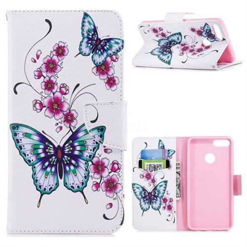 Peach Butterfly Leather Wallet Case for Huawei Y9 (2018)