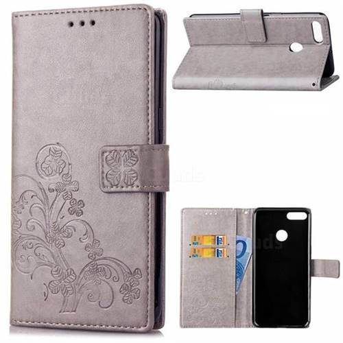 Embossing Imprint Four-Leaf Clover Leather Wallet Case for Huawei Y9 (2018) - Grey