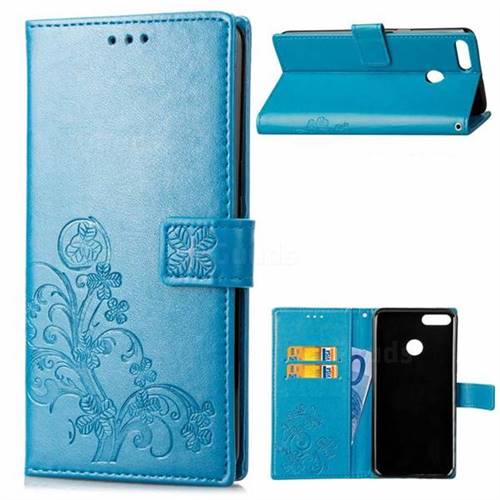Embossing Imprint Four-Leaf Clover Leather Wallet Case for Huawei Y9 (2018) - Blue