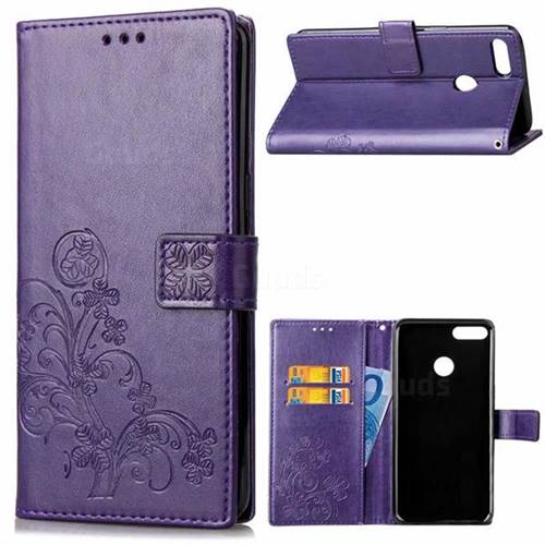 Embossing Imprint Four-Leaf Clover Leather Wallet Case for Huawei Y9 (2018) - Purple
