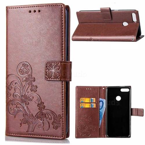 Embossing Imprint Four-Leaf Clover Leather Wallet Case for Huawei Y9 (2018) - Brown