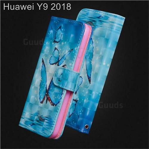 Blue Sea Butterflies 3D Painted Leather Wallet Case for Huawei Y9 (2018)