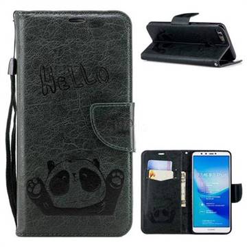 Embossing Hello Panda Leather Wallet Phone Case for Huawei Y9 (2018) - Seagreen