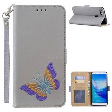 Imprint Embossing Butterfly Leather Wallet Case for Huawei Y9 (2018) - Grey