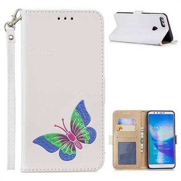 Imprint Embossing Butterfly Leather Wallet Case for Huawei Y9 (2018) - White