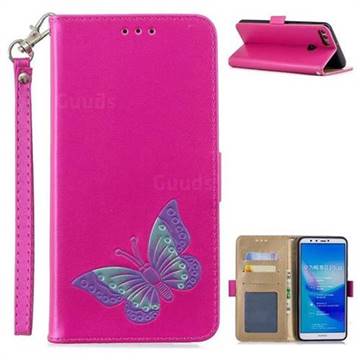 Imprint Embossing Butterfly Leather Wallet Case for Huawei Y9 (2018) - Rose Red