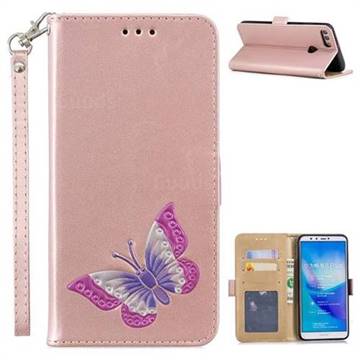 Imprint Embossing Butterfly Leather Wallet Case for Huawei Y9 (2018) - Rose Gold