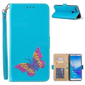 Imprint Embossing Butterfly Leather Wallet Case for Huawei Y9 (2018) - Sky Blue