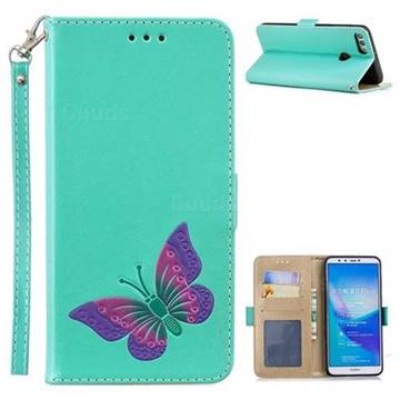 Imprint Embossing Butterfly Leather Wallet Case for Huawei Y9 (2018) - Mint Green