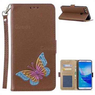 Imprint Embossing Butterfly Leather Wallet Case for Huawei Y9 (2018) - Brown