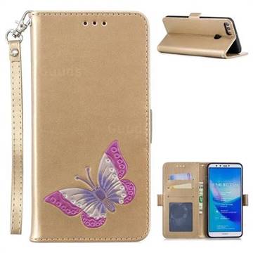 Imprint Embossing Butterfly Leather Wallet Case for Huawei Y9 (2018) - Golden