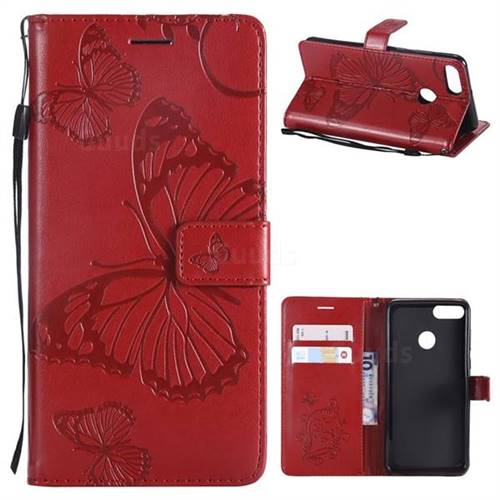 Embossing 3D Butterfly Leather Wallet Case for Huawei Y9 (2018) - Red