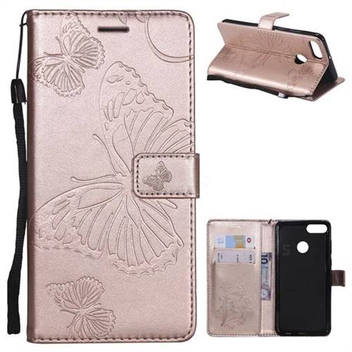 Embossing 3D Butterfly Leather Wallet Case for Huawei Y9 (2018) - Rose Gold