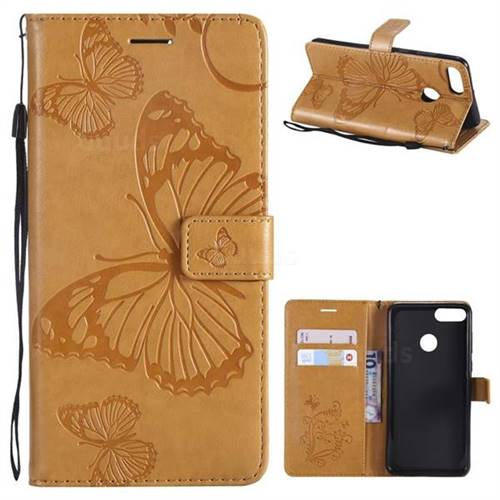 Embossing 3D Butterfly Leather Wallet Case for Huawei Y9 (2018) - Yellow