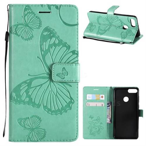 Embossing 3D Butterfly Leather Wallet Case for Huawei Y9 (2018) - Green