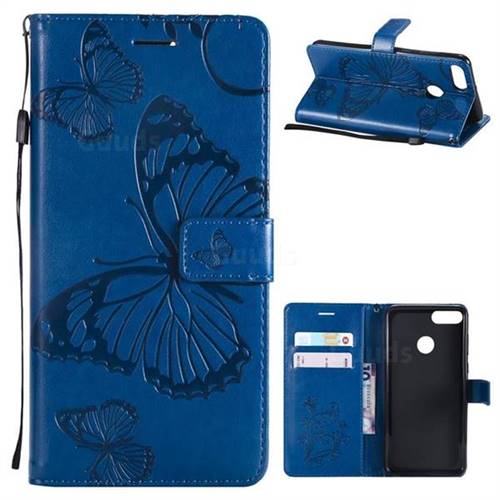 Embossing 3D Butterfly Leather Wallet Case for Huawei Y9 (2018) - Blue