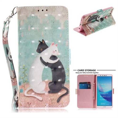 Black and White Cat 3D Painted Leather Wallet Phone Case for Huawei Y9 (2018)
