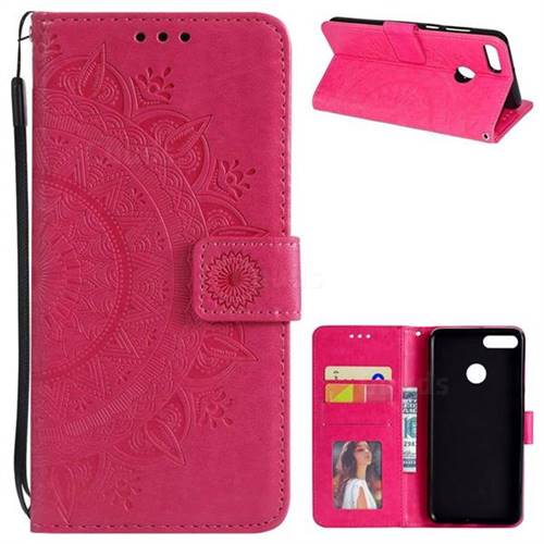 Intricate Embossing Datura Leather Wallet Case for Huawei Y9 (2018) - Rose Red