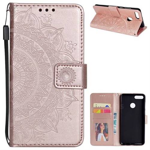 Intricate Embossing Datura Leather Wallet Case for Huawei Y9 (2018) - Rose Gold