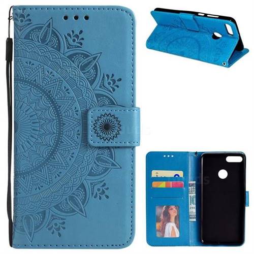 Intricate Embossing Datura Leather Wallet Case for Huawei Y9 (2018) - Blue