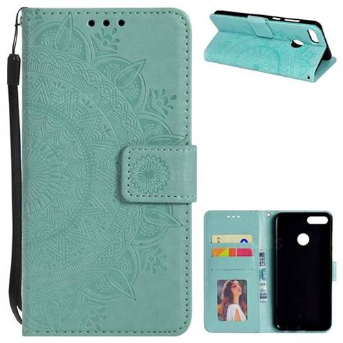 Intricate Embossing Datura Leather Wallet Case for Huawei Y9 (2018) - Mint Green