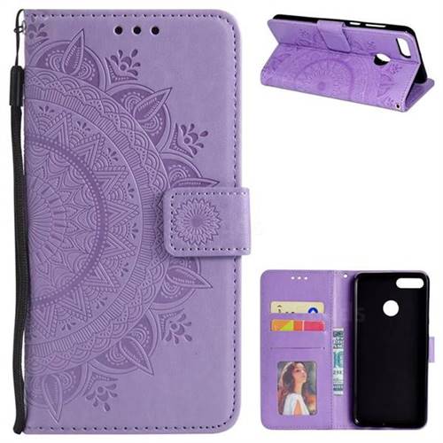 Intricate Embossing Datura Leather Wallet Case for Huawei Y9 (2018) - Purple