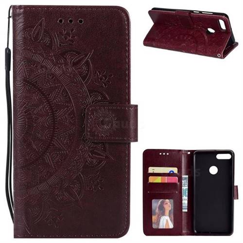 Intricate Embossing Datura Leather Wallet Case for Huawei Y9 (2018) - Brown