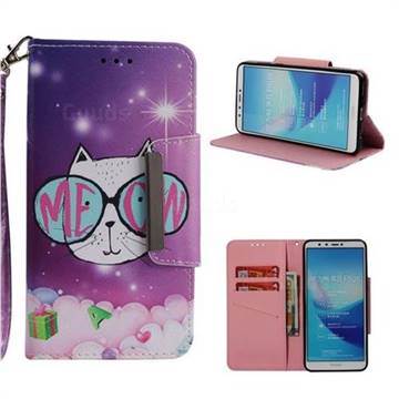 Glasses Cat Big Metal Buckle PU Leather Wallet Phone Case for Huawei Y9 (2018)