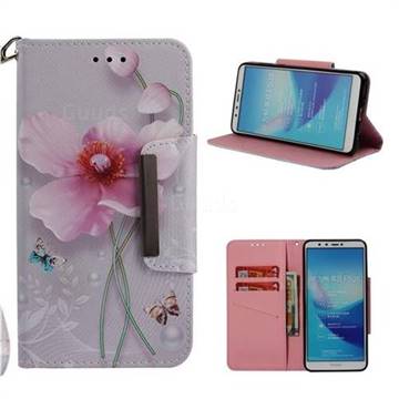 Pearl Flower Big Metal Buckle PU Leather Wallet Phone Case for Huawei Y9 (2018)