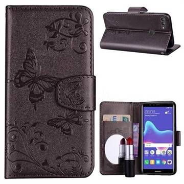 Embossing Butterfly Morning Glory Mirror Leather Wallet Case for Huawei Y9 (2018) - Silver Gray