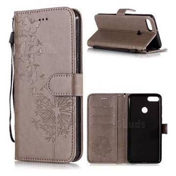 Intricate Embossing Dandelion Butterfly Leather Wallet Case for Huawei Y9 (2018) - Gray