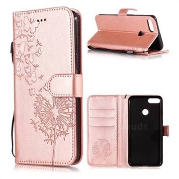 Intricate Embossing Dandelion Butterfly Leather Wallet Case for Huawei Y9 (2018) - Rose Gold