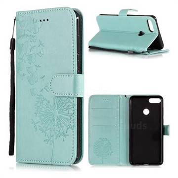 Intricate Embossing Dandelion Butterfly Leather Wallet Case for Huawei Y9 (2018) - Green