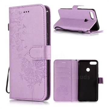 Intricate Embossing Dandelion Butterfly Leather Wallet Case for Huawei Y9 (2018) - Purple