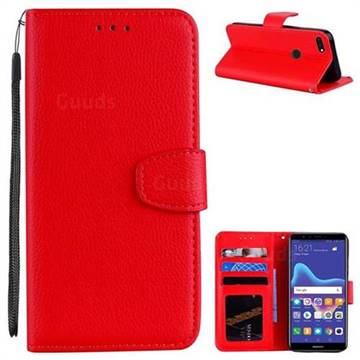 Litchi Pattern PU Leather Wallet Case for Huawei Y9 (2018) - Red