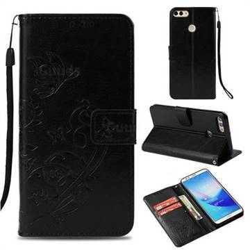Embossing Butterfly Flower Leather Wallet Case for Huawei Y9 (2018) - Black