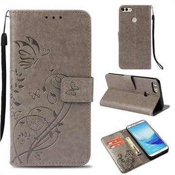 Embossing Butterfly Flower Leather Wallet Case for Huawei Y9 (2018) - Grey