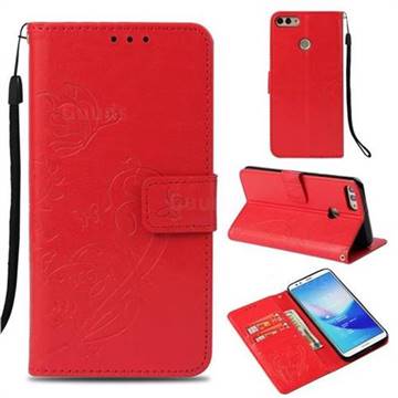 Embossing Butterfly Flower Leather Wallet Case for Huawei Y9 (2018) - Red