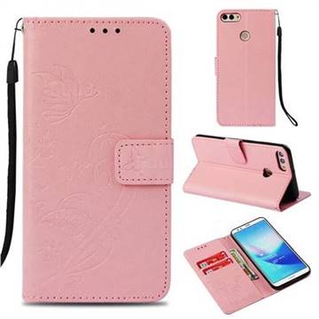 Embossing Butterfly Flower Leather Wallet Case for Huawei Y9 (2018) - Pink