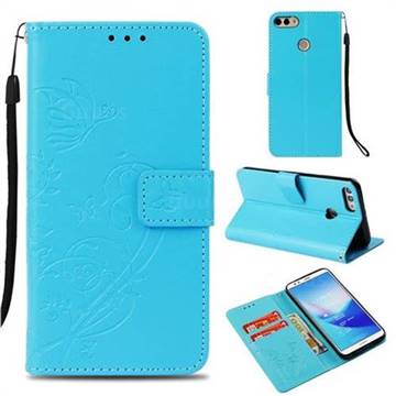 Embossing Butterfly Flower Leather Wallet Case for Huawei Y9 (2018) - Blue