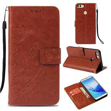 Embossing Butterfly Flower Leather Wallet Case for Huawei Y9 (2018) - Brown