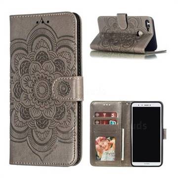 Intricate Embossing Datura Solar Leather Wallet Case for Huawei Y9 (2018) - Gray