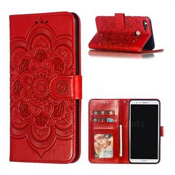 Intricate Embossing Datura Solar Leather Wallet Case for Huawei Y9 (2018) - Red