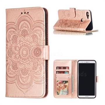 Intricate Embossing Datura Solar Leather Wallet Case for Huawei Y9 (2018) - Rose Gold