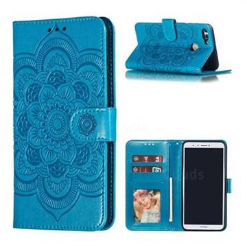Intricate Embossing Datura Solar Leather Wallet Case for Huawei Y9 (2018) - Blue